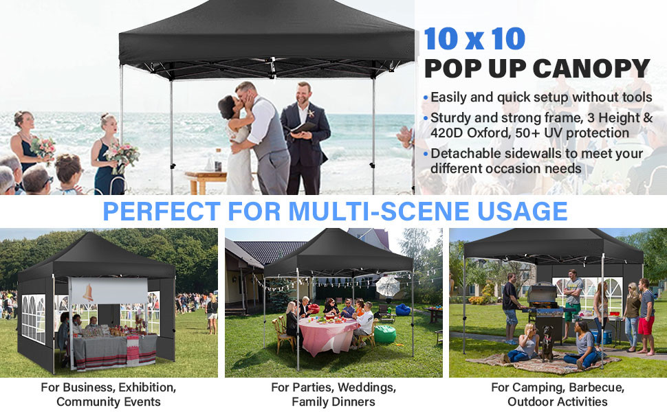 10x10 avec plusieurs configurations d'installation présentées pour divers événements, notamment des expositions commerciales, des fêtes et des activités de plein air