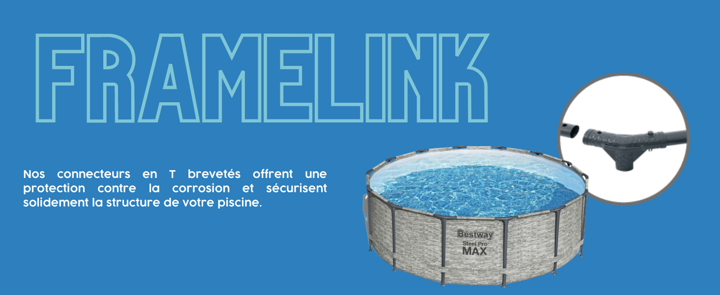 comprenant une piscine hors sol ronde dont l'extérieur ressemble à de la pierre. Le texte met en évidence les avantages de la protection contre la corrosion et de la sécurité structurelle.