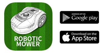 pour « Robotic Mower » avec une tondeuse à gazon verte stylisée. Inclut les boutons de téléchargement de Google Play et de l'App Store.