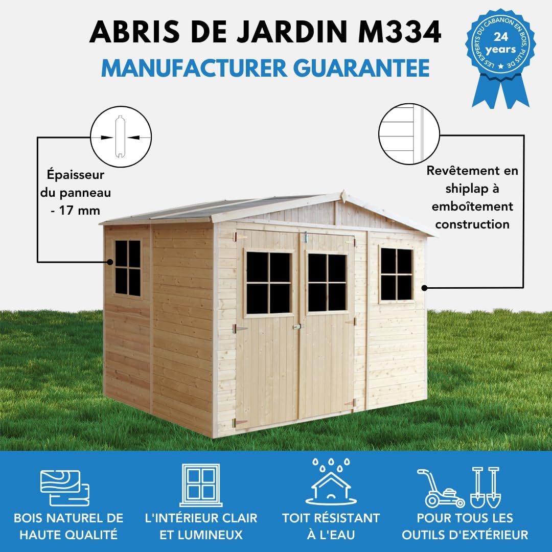Timbela - abri de jardin bois 6 m², fenêtres, H226x324x216 cm - M334