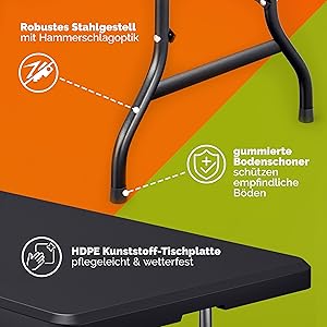 : structure en acier robuste avec finition martelée, protecteurs de sol caoutchoutés et plateau en plastique HDPE facile à nettoyer et résistant aux intempéries