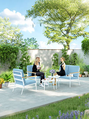 Scène de terrasse extérieure avec mobilier moderne blanc, y compris des chaises et des tables, dans un paysage naturel avec vue sur la verdure et l'eau.