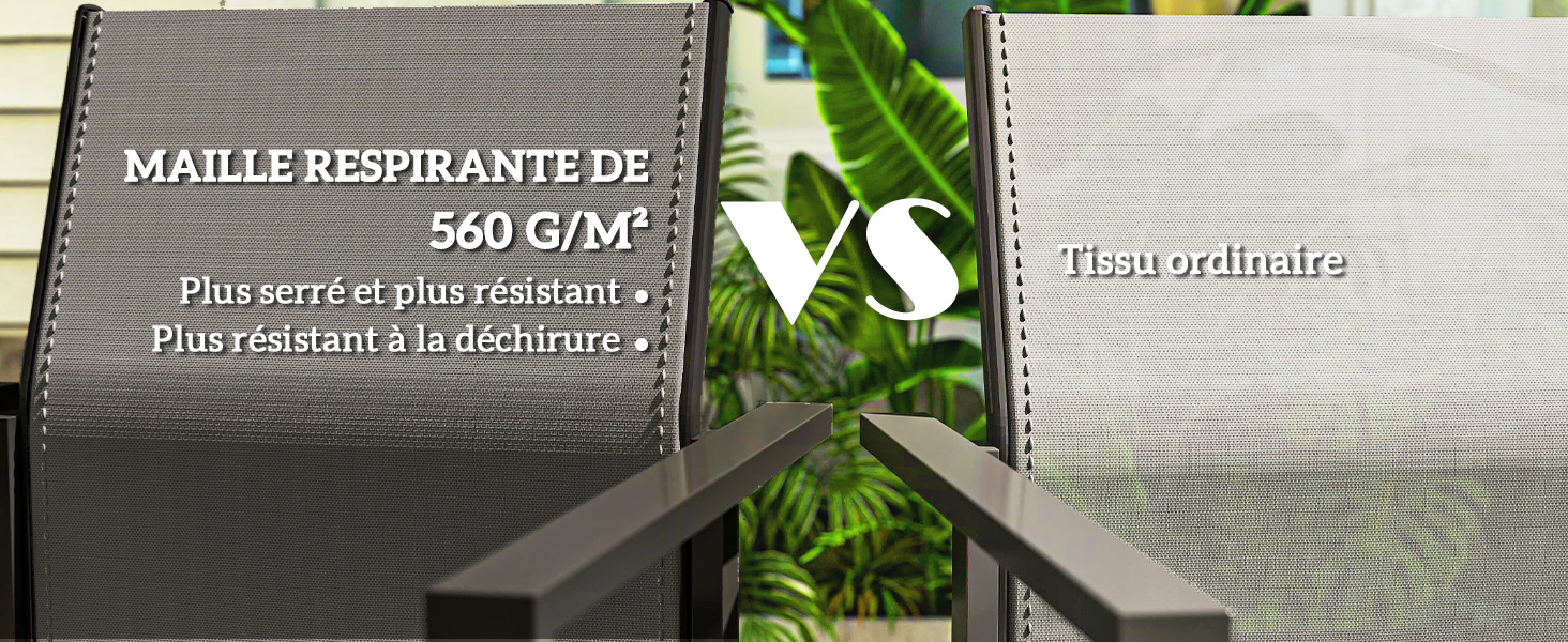 Comparaison côte à côte de deux textures de tissu, avec un texte français décrivant les spécifications du matériau en maille respirante