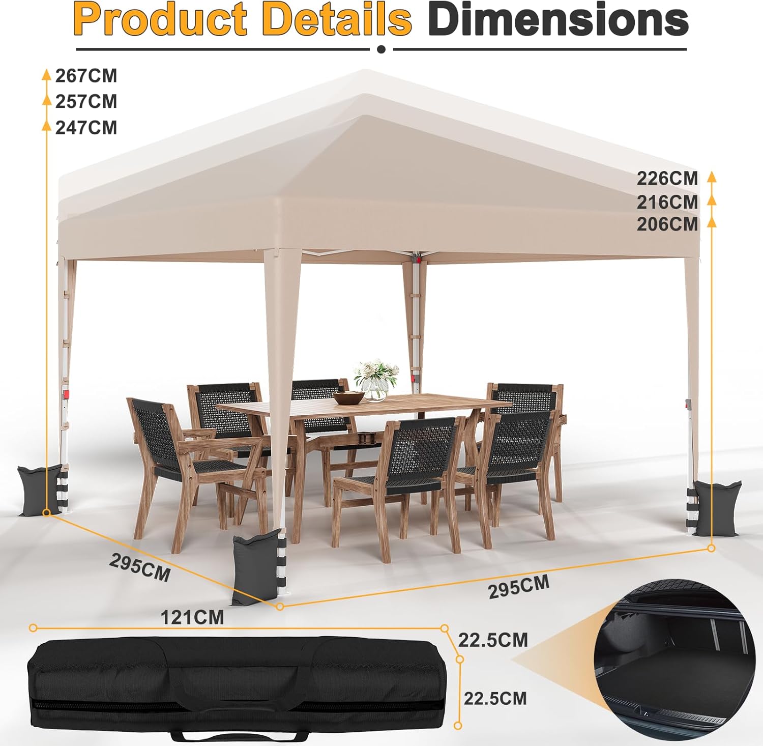 JUMMICO Tonnelle Pliante 3x3 imperméable, Hauteur Réglable, Toile Épaisse avec Fermeture Velcro, Structure Robuste, Protection Anti-UV, Idéale pour Camping, Jardin et Plus Encore, Beige
