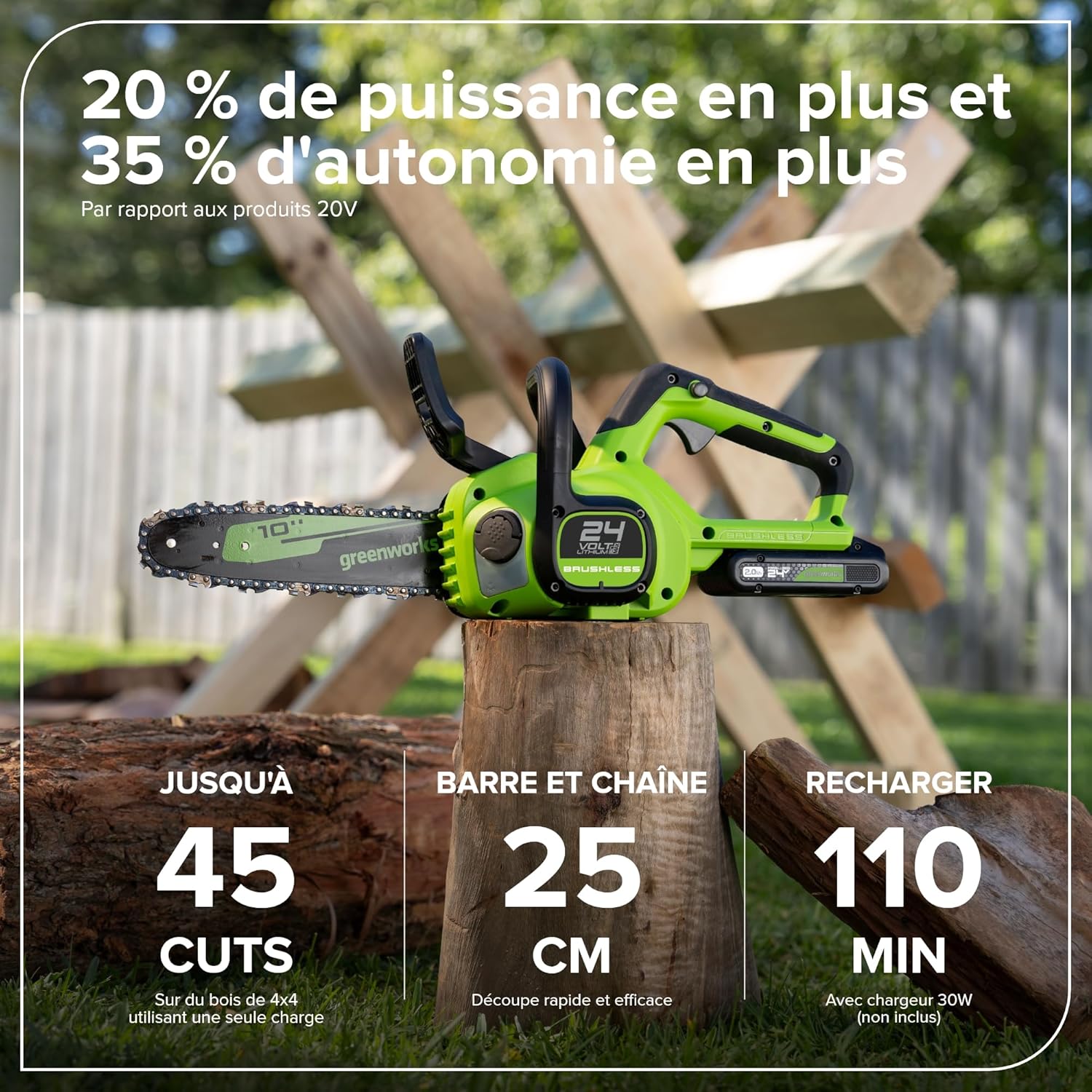 Greenworks 24V Scie à Chaîne Sans Fil, Scie Électrique à Batterie Brushless 25cm avec Graissage Automatique, Vitesse de Chaîne 7.8m/s, Outil Seulement