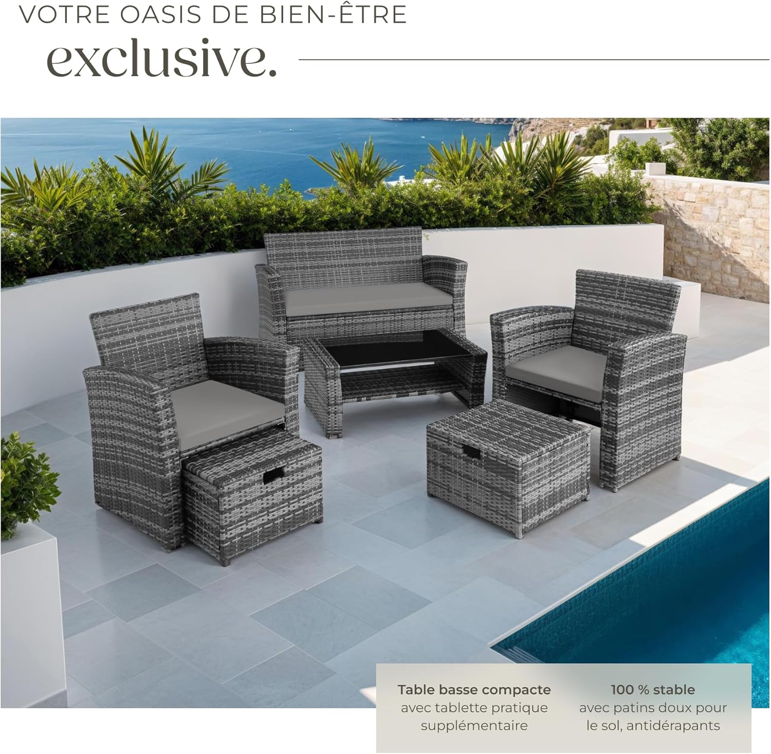 tectake - Salon de jardin polyrotin 6 places, housse incluse, gris