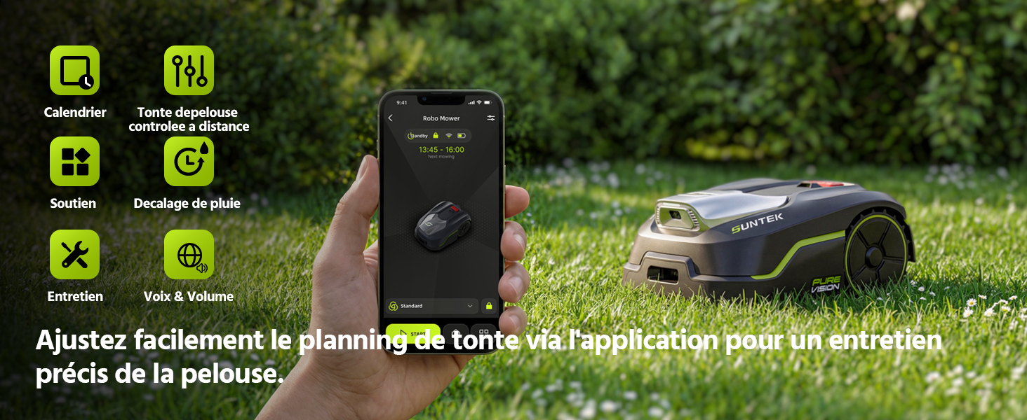 Capture d'écran de l'interface de l'application mobile montrant des icônes vertes et des éléments de navigation sur fond de pelouse ou d'herbe. Plusieurs indicateurs de fonctionnement de l'application sont visibles.