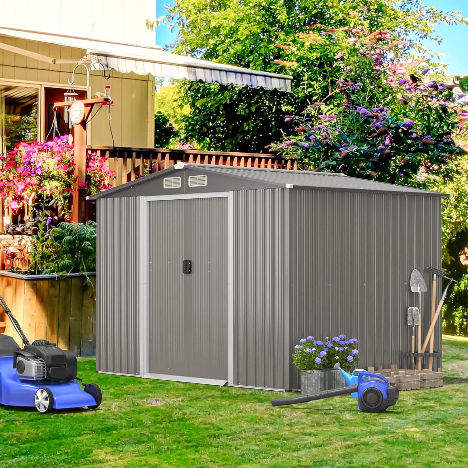 RELAX4LIFE Abri de Jardin en Tôle d’Acier Galvanisée avec Fondation et Double Porte Coulissante, Cabane à Outils avec Toit en Appentis et Volets 260X206,5 X 108 CM (Toit Gris foncé)