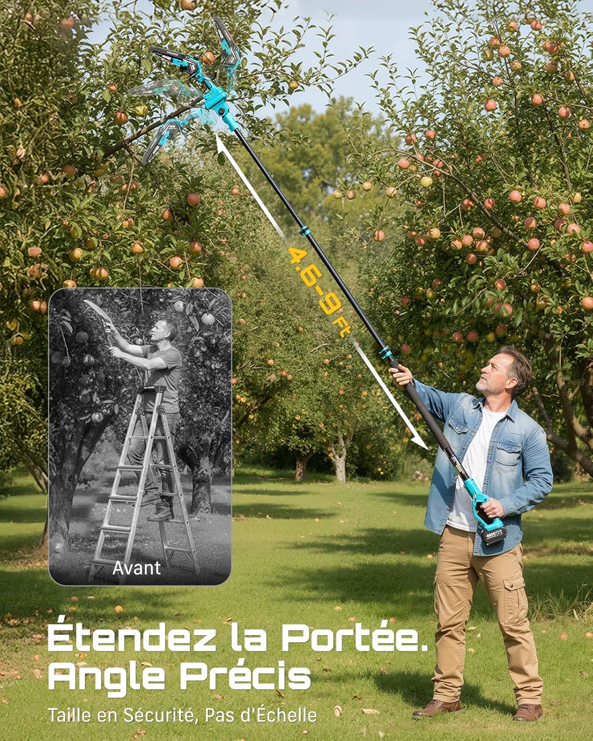 SEESII 2-in-1 Elagueuse sur Perche, Mini Tronçonneuse Brushless 6 Pouces avec 2 x 4000 mAh Batteries, Coupe Branche Telescopique, Portée 4,87 M, Idéal Extérieur & Jardinage