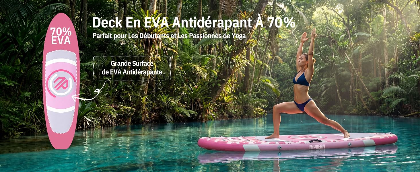 Le texte indique « Deck En Eva Antideslizante A70 ». Planche à pagaie rose avec une personne dans un cadre aquatique extérieur au milieu d'un paysage forestier.