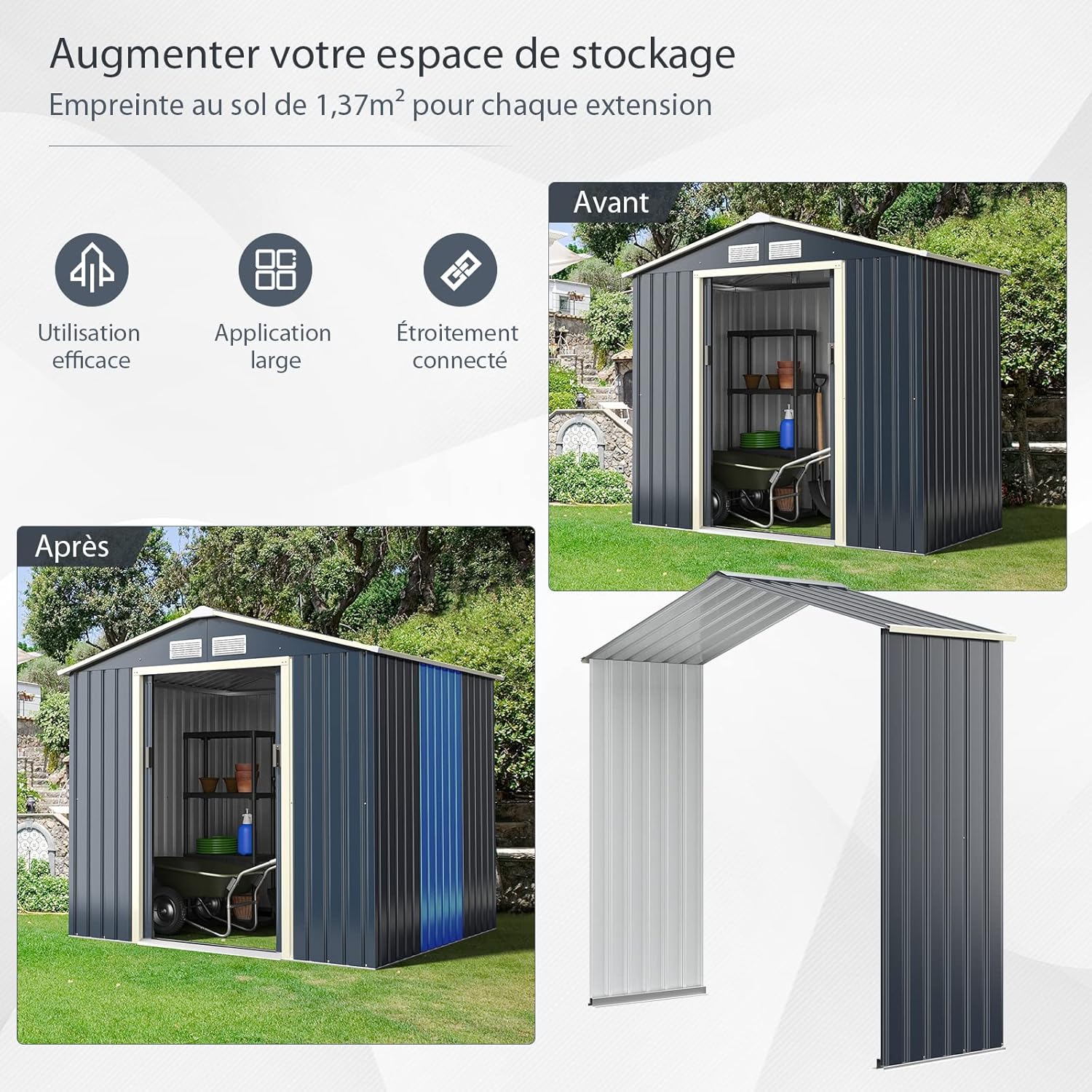 COSTWAY Abri de Jardin en Métal + 1 Kit d'Extension, avec 2 Portes Coulissantes Verrouillables, 4 Trous d’Aération, Toit Penché, Gris pour Vélo, Poubelle (213,5 x 191 x 194,5cm)