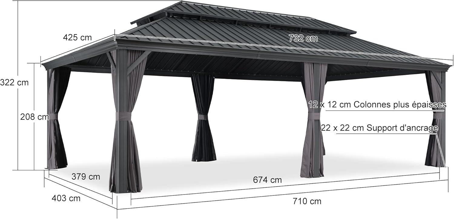 PURPLE LEAF - Tonnelle Jardin 7,32x4,25m - acier, rideaux, moustiquaire