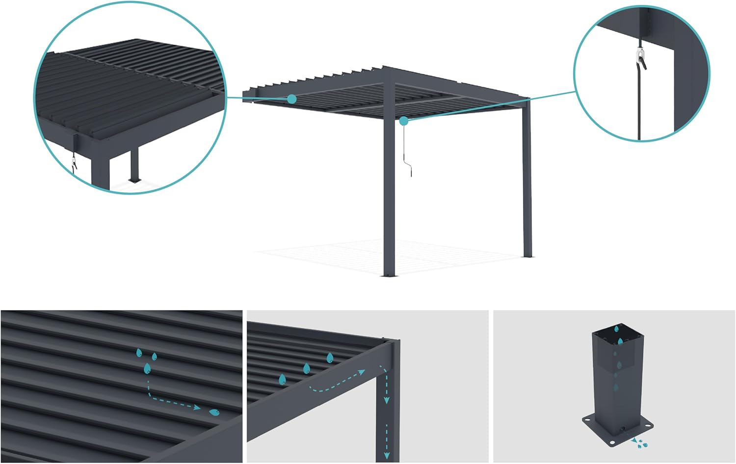 CAZEBOO - Piana - 3x3m pergola adossée aluminium, lames acier, vent/soleil/pluie
