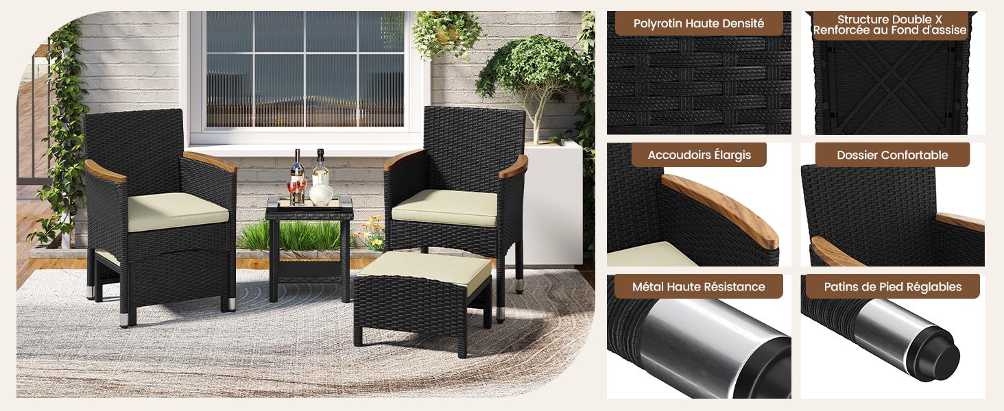 Arrangement de terrasse extérieur avec chaises rembourrées foncées, petite table et panneau solaire. Les panneaux de détail montrent les textures et les matériaux des coussins noirs.