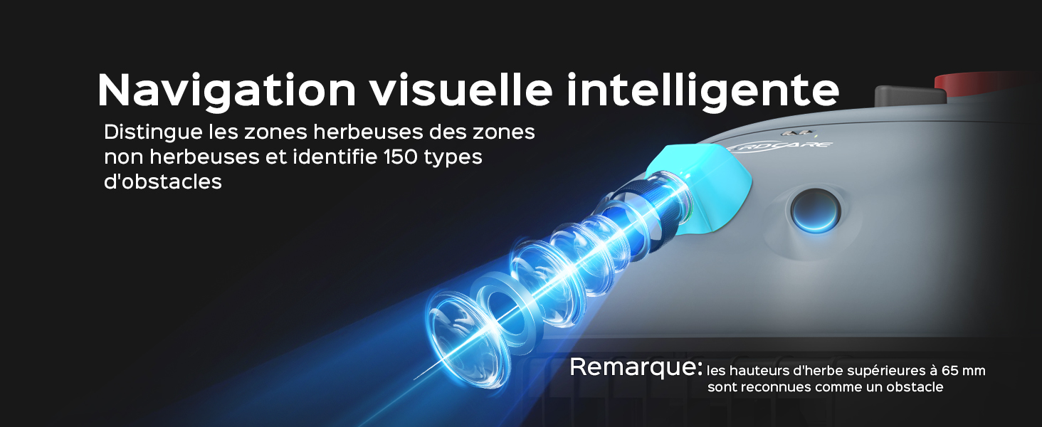 avec système de navigation visuelle intelligent. Le faisceau de lumière bleue illustre la technologie de détection. L'appareil fait la distinction entre les zones gazonnées et non gazonnées, identifiant 150