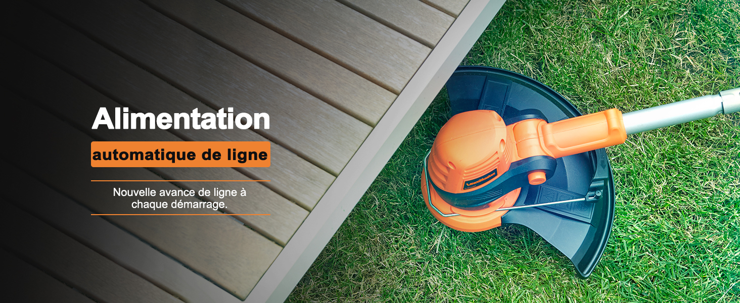 avec dispositif de protection, représenté sur l'herbe à côté d'une terrasse en bois, avec le texte français « Alimentation automatique de ligne » visible.