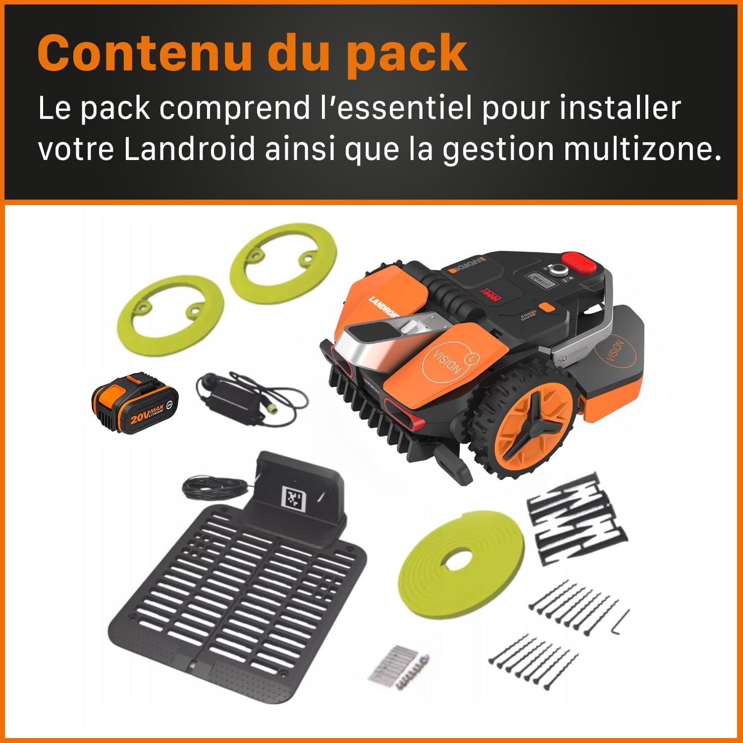 WORX - Landroid Vision série - 1300 m² - Caméra 4K, IA, multizone, coupe bordures - WR213E.1