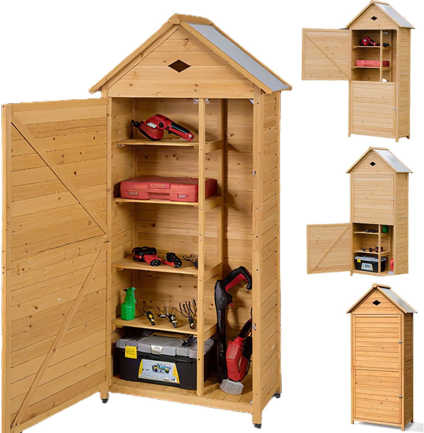 RELAX4LIFE - abri jardin bois - 80x45x177 cm - 5 étagères, porte verrouillable, toit galvanisé