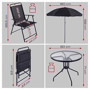 : chaise pliante (89,5x44 cm, capacité 120 kg), parasol noir (180 cm de diamètre, 198 cm de hauteur), table pliante (80 cm de diamètre, 71 cm de hauteur, capacité de 75 kg).