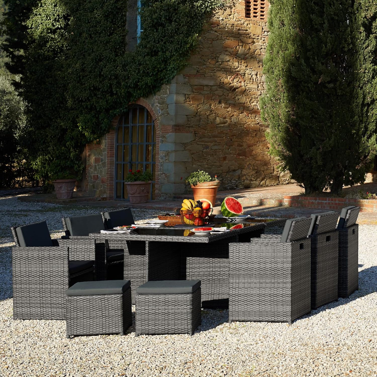 tectake - Salon de jardin résine tressée 10 places - Aluminium, housses et protection, Marron naturel