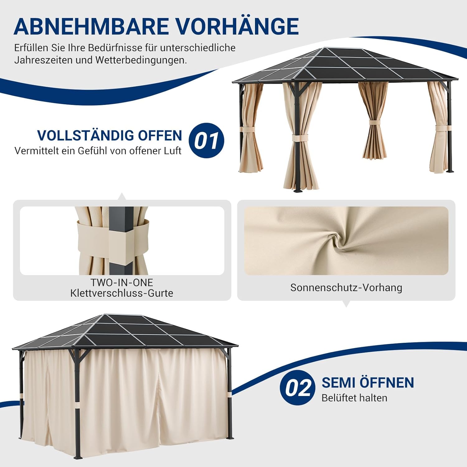 UDPATIO - tonnelle imperméable 3x4m avec rideaux, toit UV - Beige