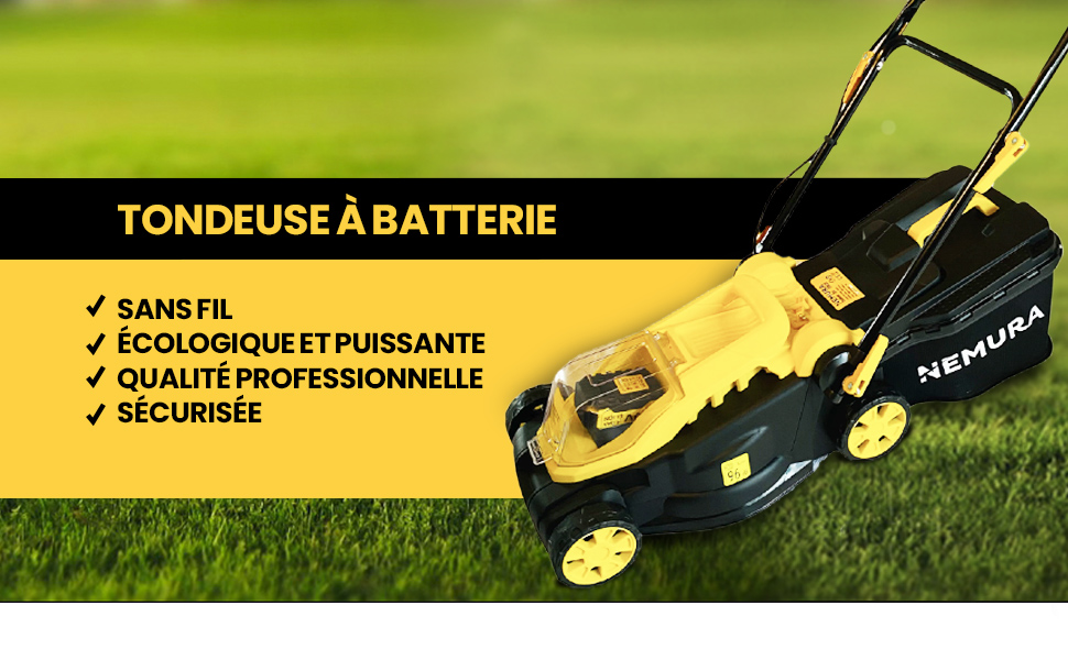 jaune et noire sur gazon. Caractéristiques de qualité professionnelle, de sécurité et de fonctionnement écologique. Nom de marque Hemura visible.