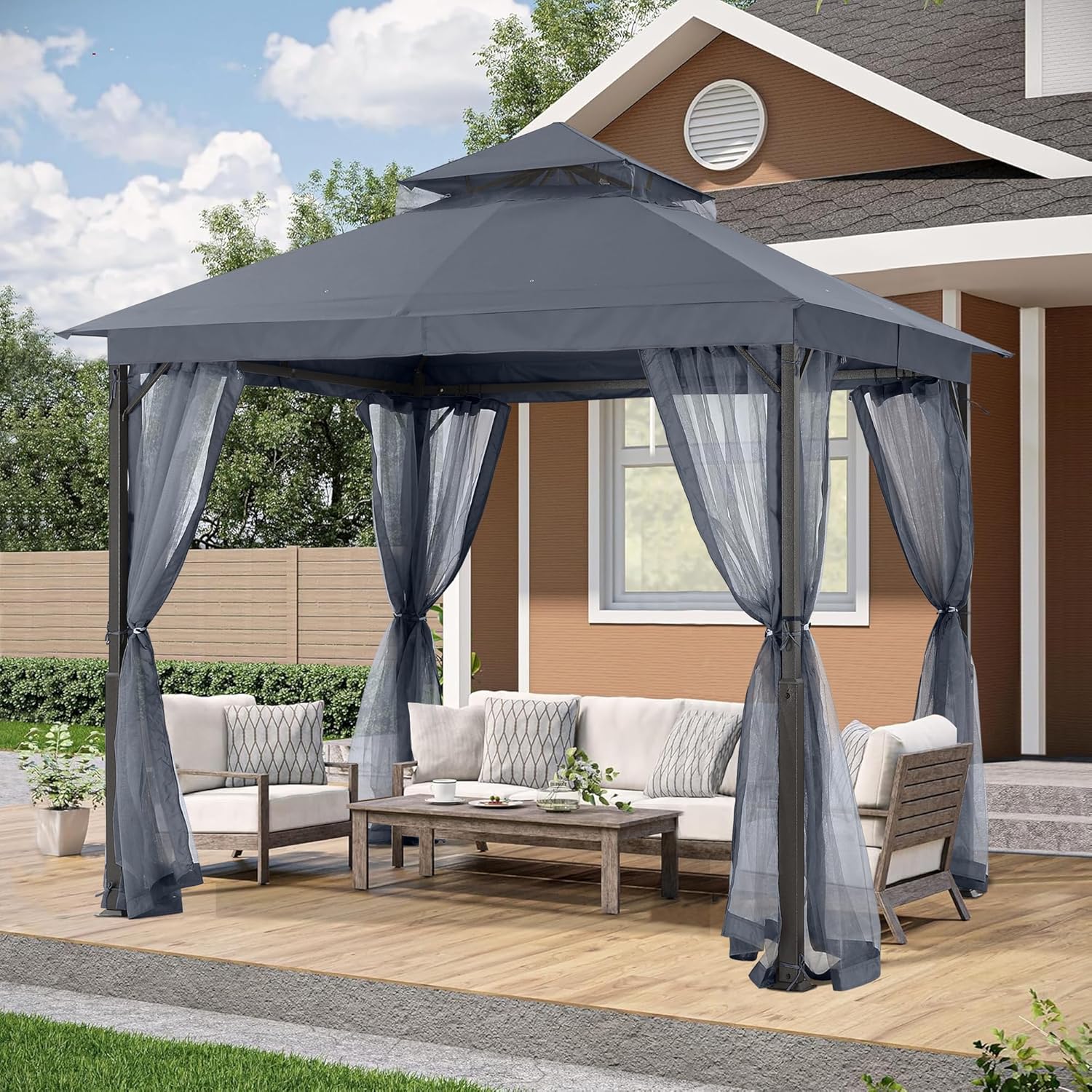 ABCCANOPY - Tonnelle extérieure double toit - 229 x 227 cm - moustiquaire, rideaux, gris foncé