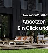Le texte indique « Navimow i2 LIDAR », « Absetzen », « Ein Click und ». Série d'images extérieures montrant un équipement robotisé de tonte de gazon en fonctionnement.