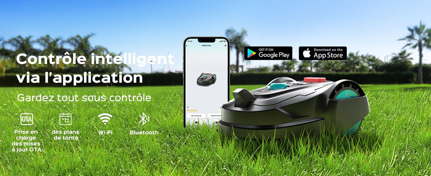Le texte indique « Contrôle instantané » avec les icônes de l'App Store. Interface de l'application mobile affichée sur fond de pelouse avec une tondeuse à gazon robotique, démontrant la fonctionnalité de contrôle à distance.