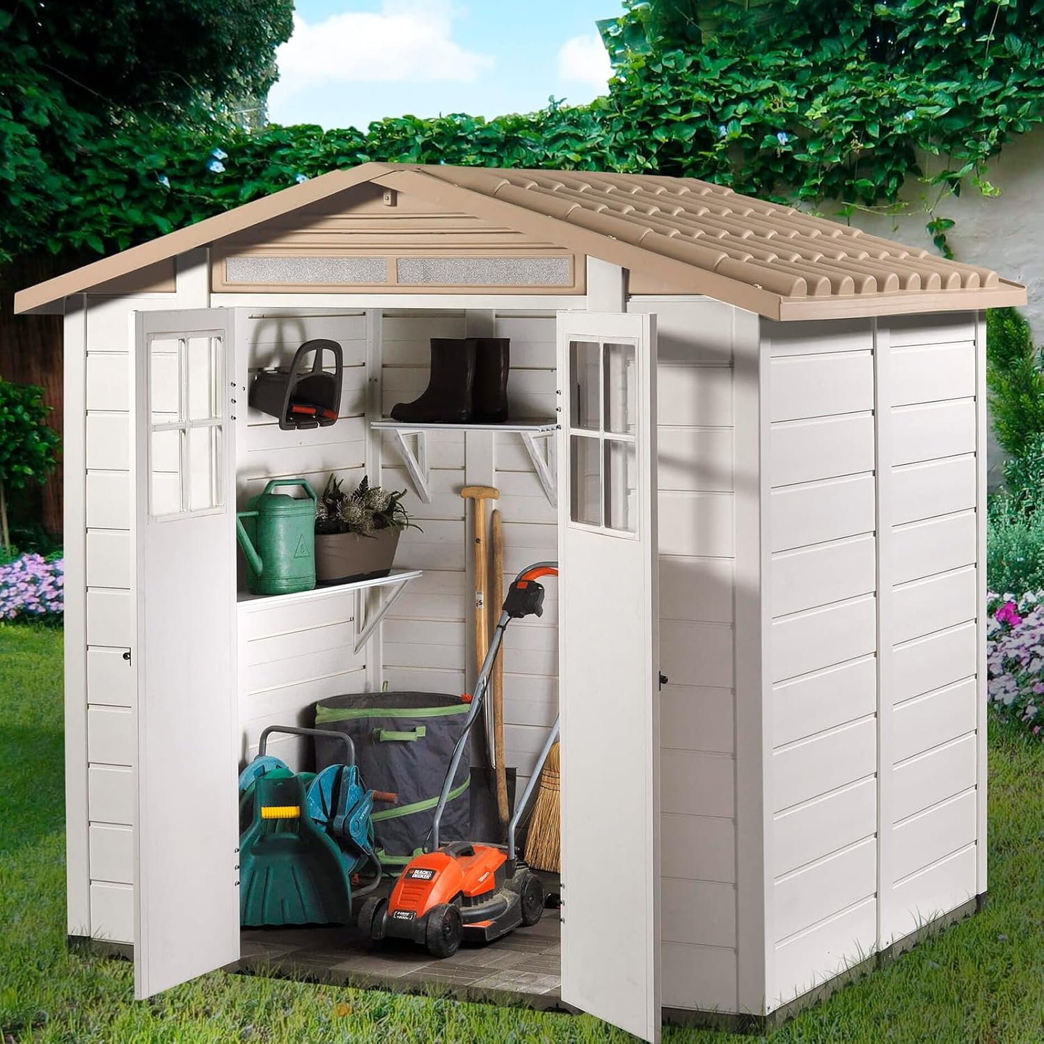 Abri de jardin résine 4 m², blanc/beige