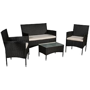 ArtLife Fort Myers Salon en polyrotin noir avec housses crème pour 4 personnes.