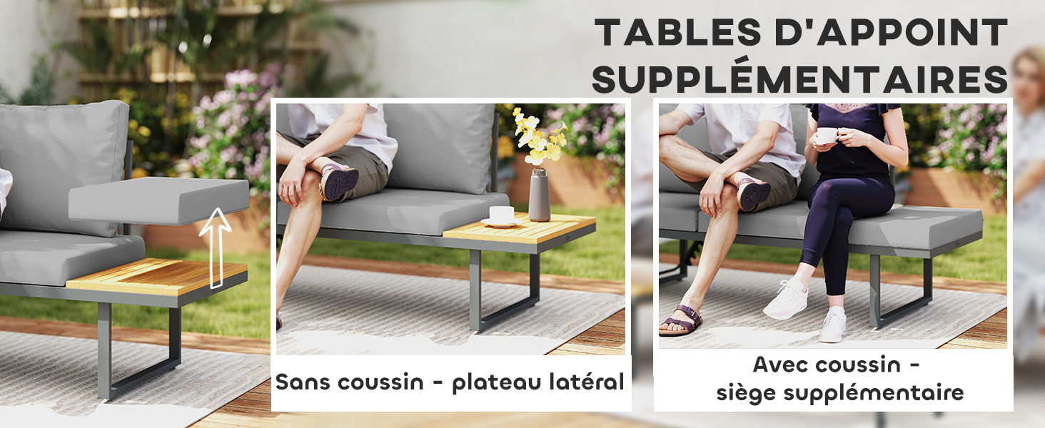 Le texte se lit comme suit : « TABLES D'APPOINT SUPPLEMENTAIRES ». Série de photos montrant du mobilier d'extérieur moderne, y compris des tables et des sièges disposés sur un patio.