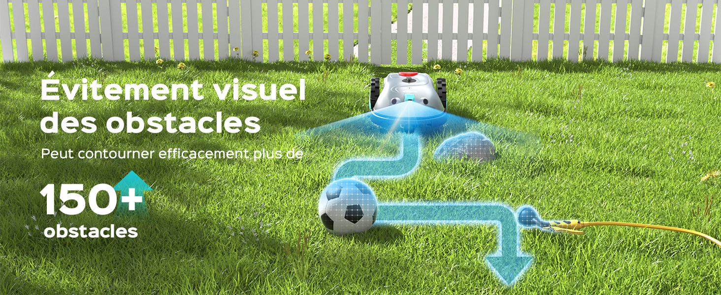 Le texte indique « Évitement visuel » et « Plus de 150 obstacles ». Champ d'herbe verte avec des graphiques de flèches bleues superposés, montrant les schémas de mouvement autour des obstacles.