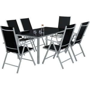 Le texte se lit comme suit : « Image 4 ». Ensemble de salle à manger d'extérieur moderne avec table en verre et six chaises pliantes en finition noire et argentée, illustré sur la photo du produit monochrome.