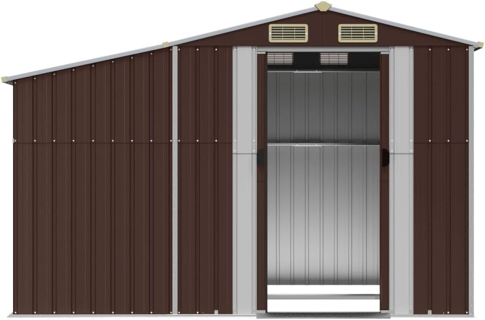 Abri de jardin acier galvanisé, 277x192,5x179cm, toit incliné, marron