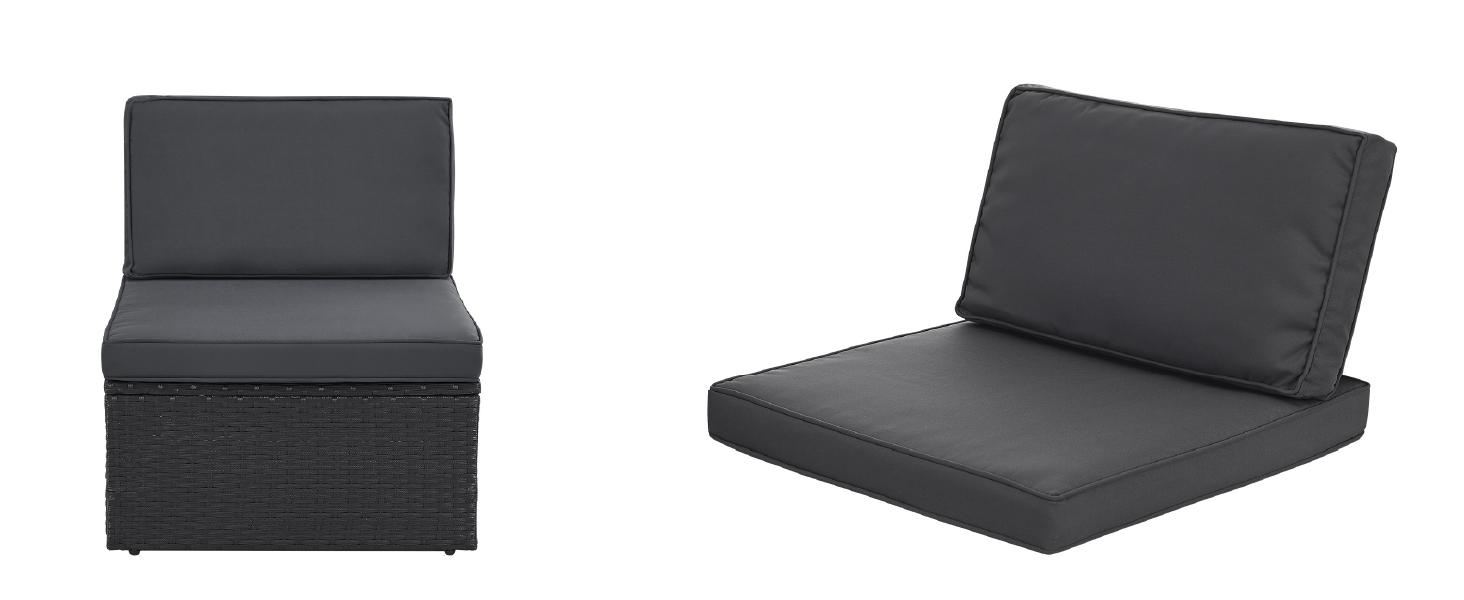 Deux vues d'un meuble d'extérieur rembourré gris foncé. À gauche : fauteuil sans accoudoirs. À droite : replié en position de chaise longue avec support dorsal