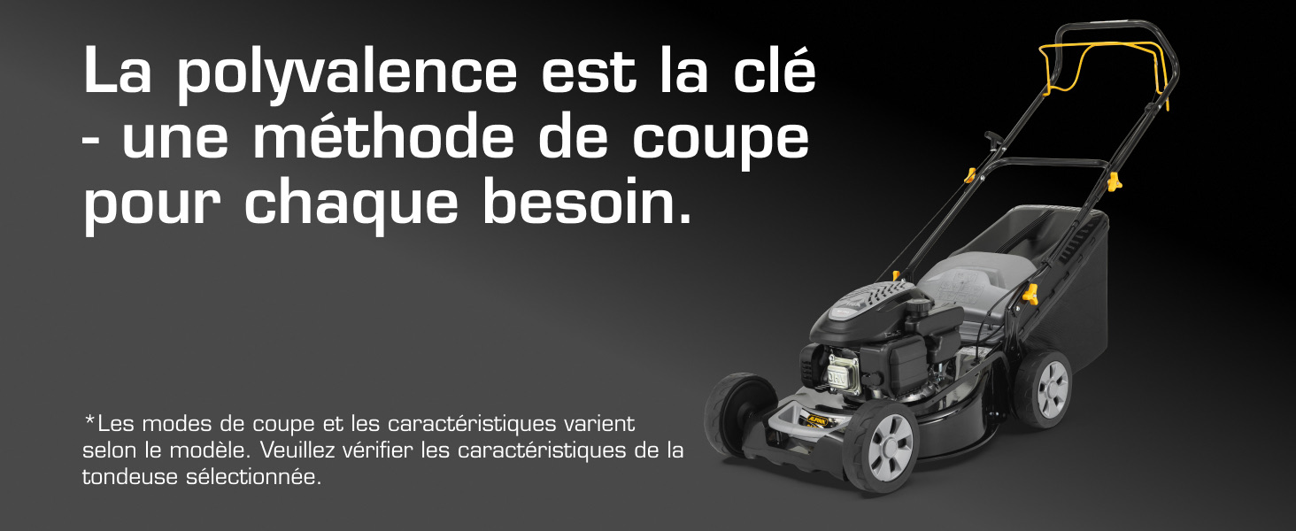 Le texte se lit comme suit : « La polyvalence est la clé - une méthode de coupe pour chaque besoin ». Image de fond noir représentant une tondeuse à gazon avec un texte décrivant une méthode de coupe polyvalente pour différents besoins de tonte.