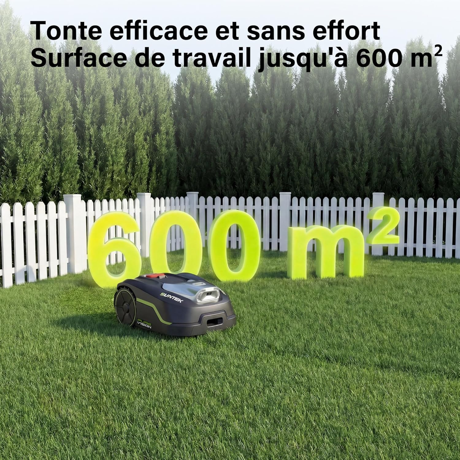 Suntek - robot tondeuse IA Vision - 500m² - pente 35°, IPX5, app, garage