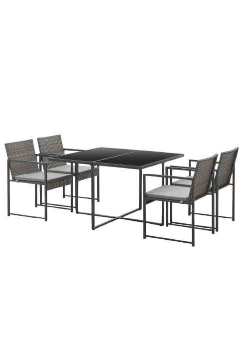 comprenant une table foncée avec structure en métal et quatre chaises assorties avec des sièges en tissu maillé gris.