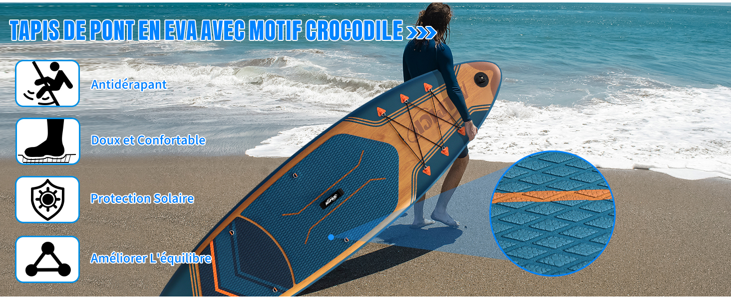 Planche à pagaie gonflable sur la plage avec des vagues. Les caractéristiques comprennent un patin antidérapant, un cordon élastique, des rails renforcés et une valve haute pression