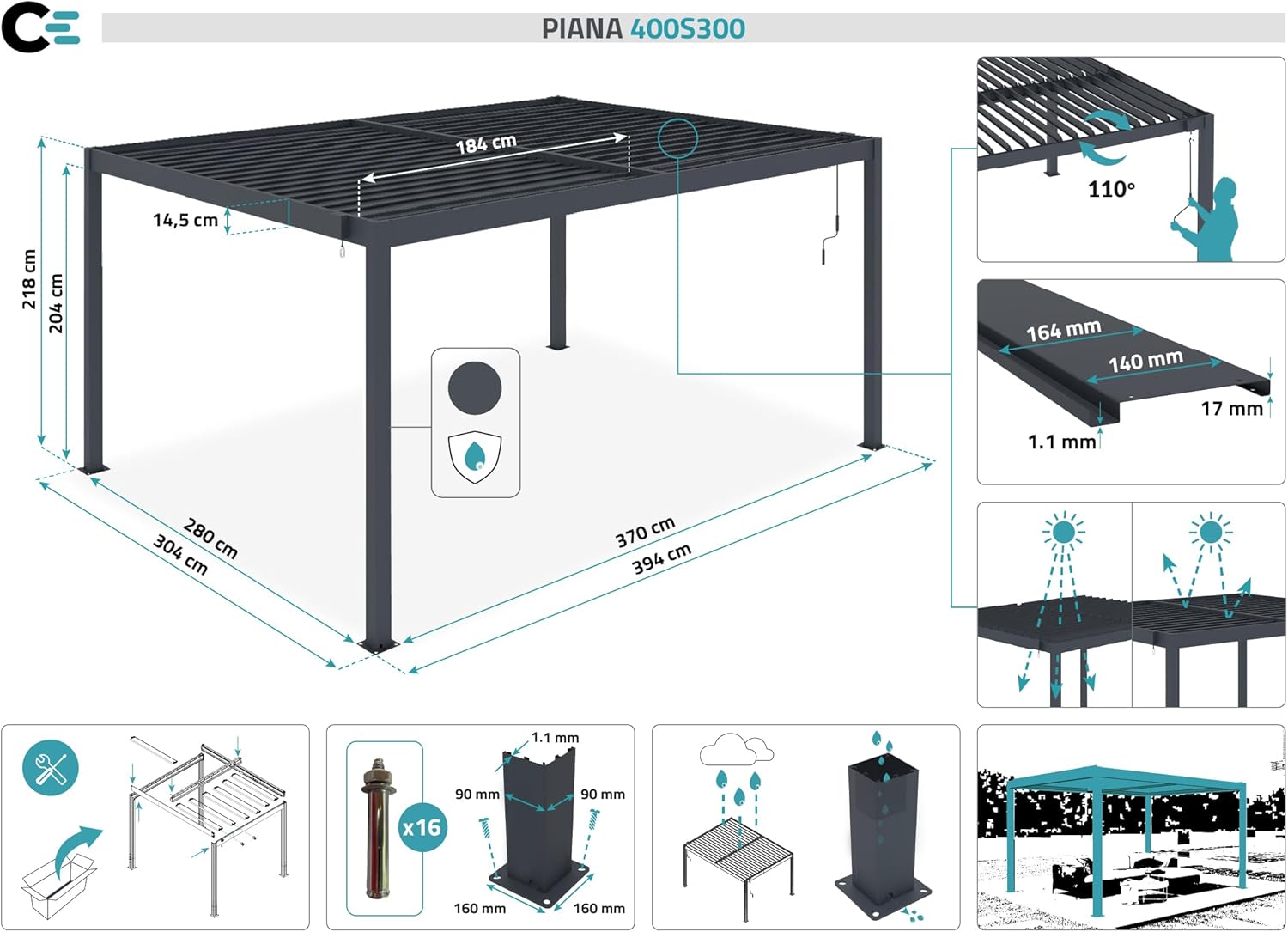 Cazeboo - Piana - 3x4m - Pergola bioclimatique alu gris, persienne brise-vue