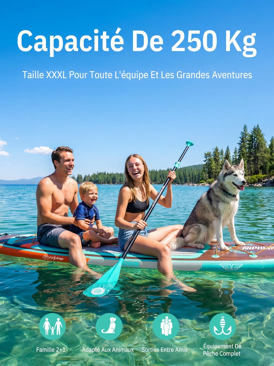 Niphean Extra Large Paddle Gonflable, Sup à 2+1 Personnes/Famille, Planches de Stand Up Paddle Gonflables avec (Idéal Débutant) Aileron Équilibré, Housse Étanche, Paddle Gonflable Adulte, Cadeaux