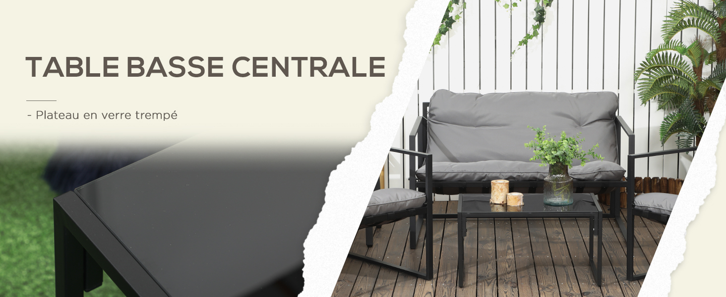 Ensemble de mobilier de jardin d'extérieur moderne avec sièges rembourrés gris et cadre foncé, décoré avec des plantes sur une terrasse en bois