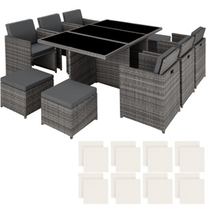 avec chaises, table et tabourets en osier gris. Dessus de table en verre Comprend des coussins blancs. Conception modulaire pour un agencement flexible.