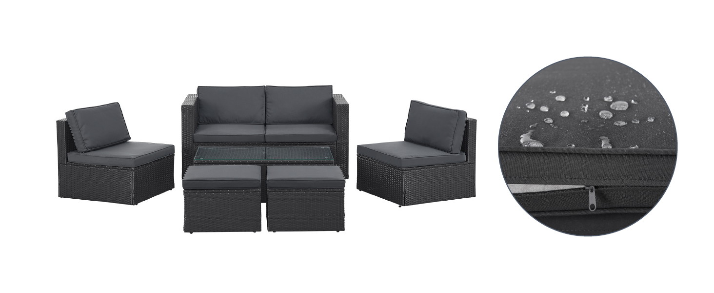 comprenant un canapé gris foncé, deux chaises et deux poufs. Fabriqué en osier résistant aux intempéries