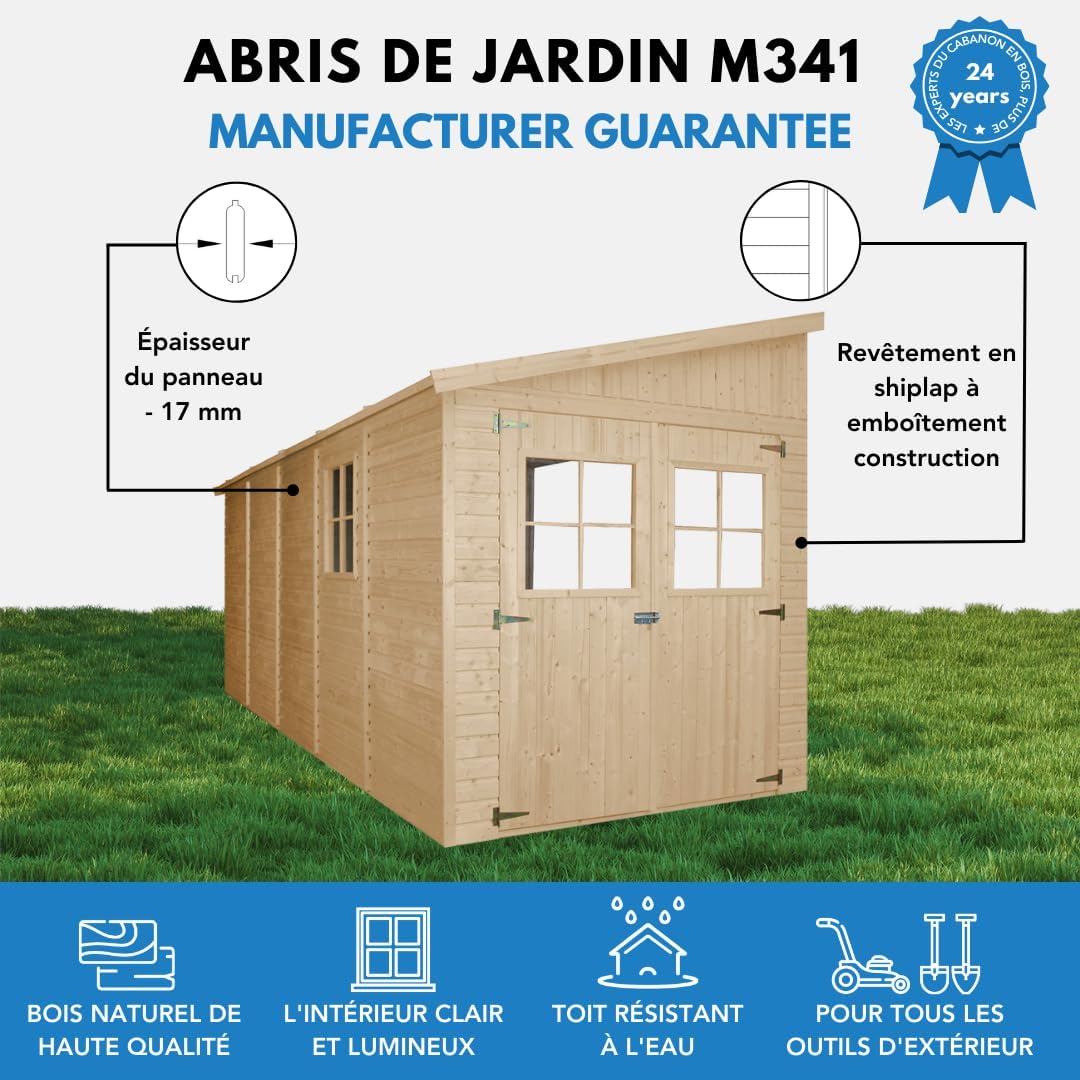 TIMBELA M341 Abri de Jardin en Bois Naturel (sans paroi latérale)- Stockage extérieur avec fenêtres- H244x216x513 cm/10 m2, Hangar en Bois Naturel - Atelier Rangement Outils et vélos The Forest Stewardship Council