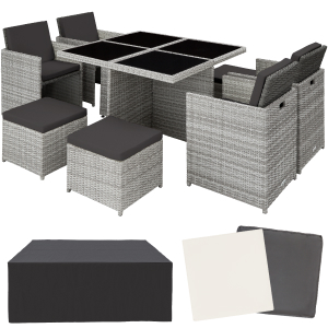 Ensemble de mobilier d'extérieur moderne comprenant une table à manger en osier gris avec des chaises et des coussins, présentant un agencement modulaire avec des capacités de rangement.