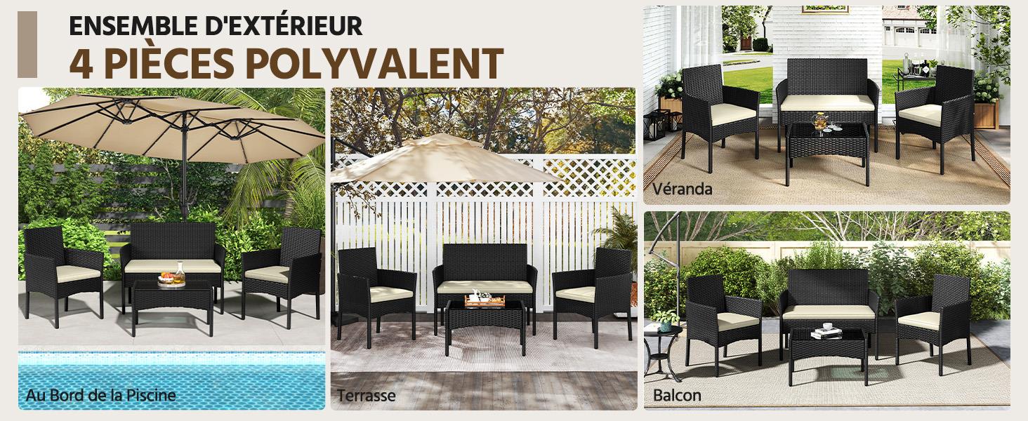 Le texte indique « ENSEMBLE D'EXTÉRIEUR » et « 4 PIÈCES POLYVALENTES ». Plusieurs vues d'un ensemble de mobilier d'extérieur noir comprenant des chaises et une table, présentées sous différents angles sur fond blanc.