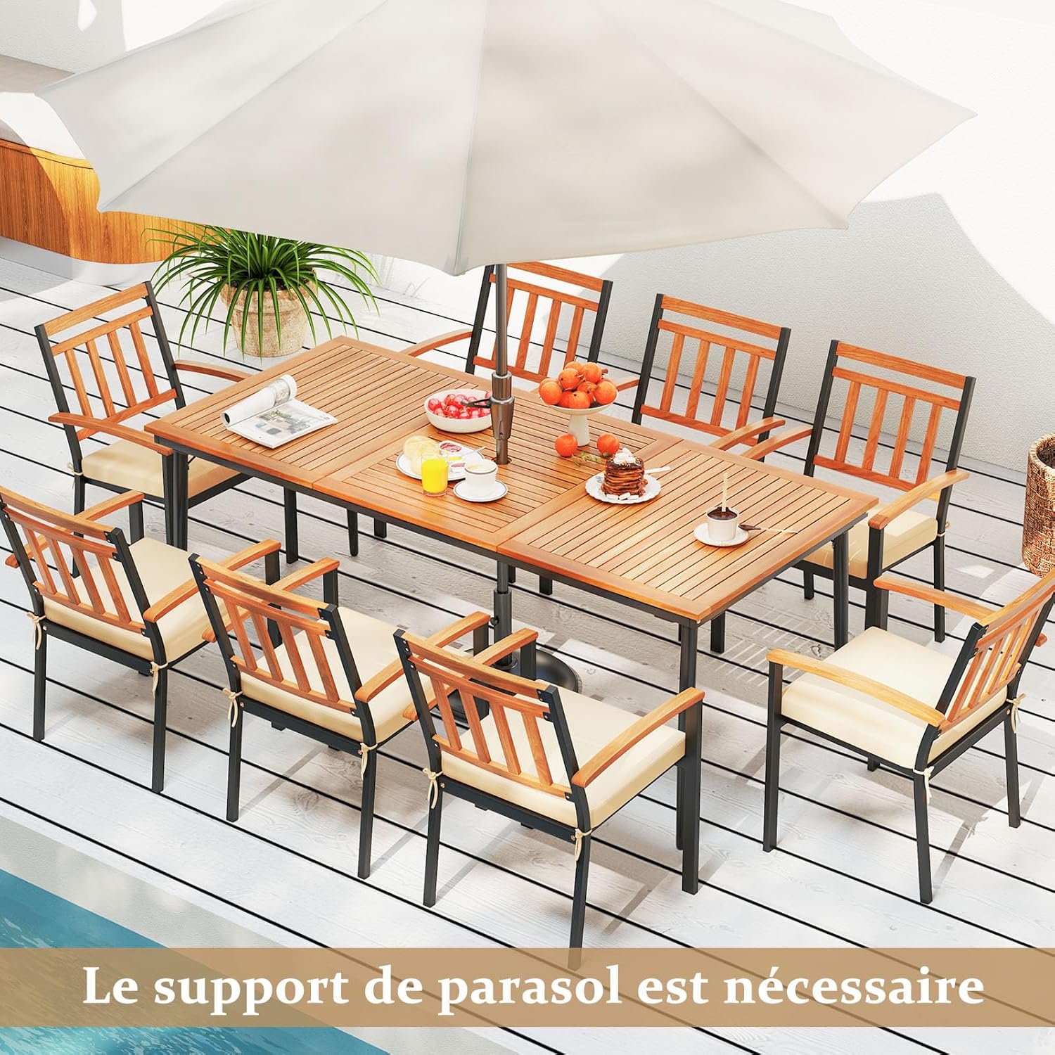 GOPLUS - Table de jardin 8 personnes - 190x90cm - bois acacia, trou parasol 5cm, pieds métal, charge 75kg