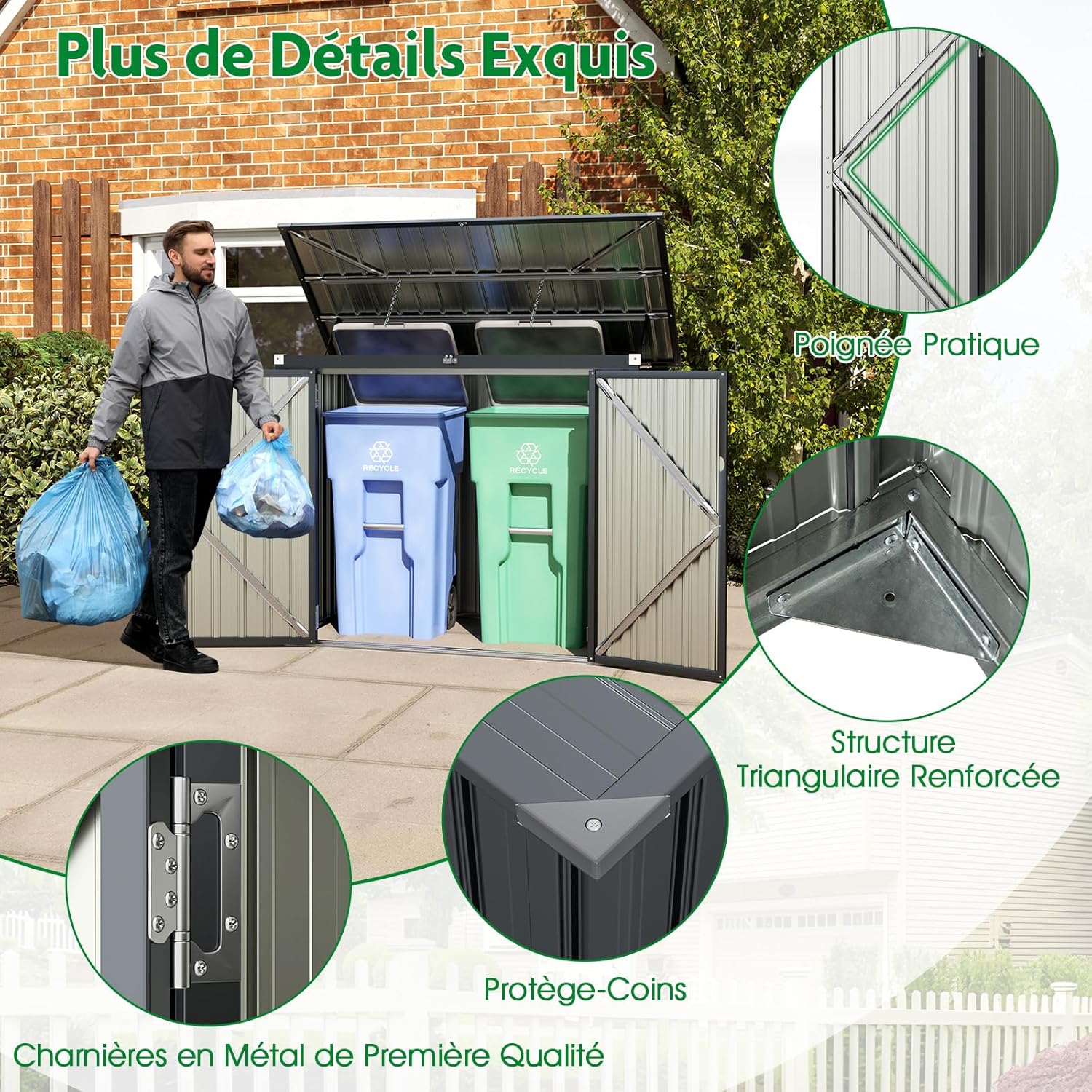 COSTWAY - Abri de Jardin métal - 1,5 m² - 2 portes, toit ouvrant, verrouillable, étanche